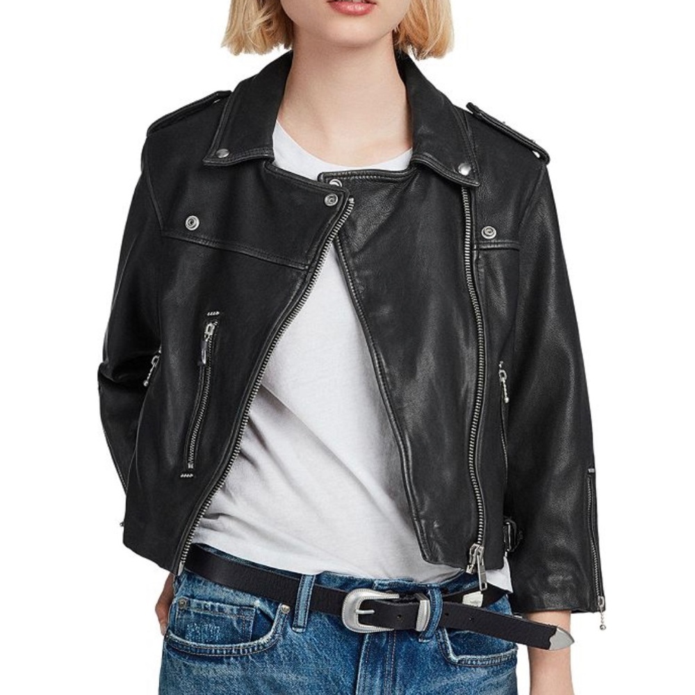 All Saints Lara cropped black leather jacket size 8 US